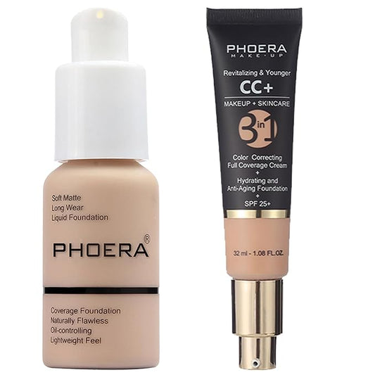 PHOERA Foundation Full Coverage,PHOERA CC Cream Color Correcting Anti Aging Hydrating Serum &SPF 25+,PHOERA Makeup Wrinkles Matte Natural Finish for a Flawless Complexion(102+120/Nude+Nude)