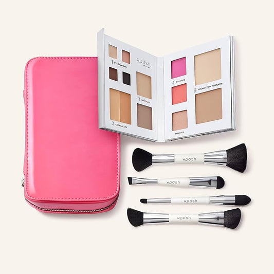 Woosh Beauty, Jetsetter Bundle, Fold out Face Original, Essential Brush Set, Travel Case in Hot Pink, #2 Medium Light