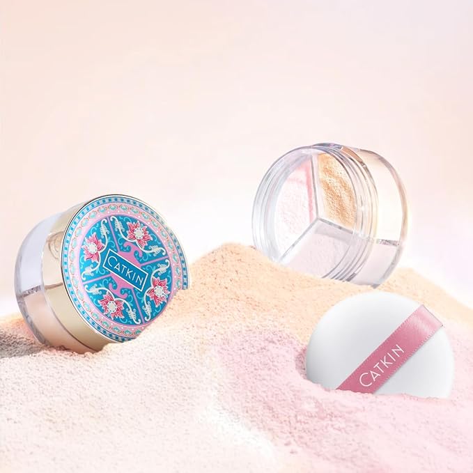 CATKIN Loose Setting Powder - Translucent Shimmer Finishing Powder, 3 Colors Even Skin Tone, Oil Control Makeup Pore Minimizing Powder with Velour Puff (0.42oz, C01 Shimmer for Oily Skin)