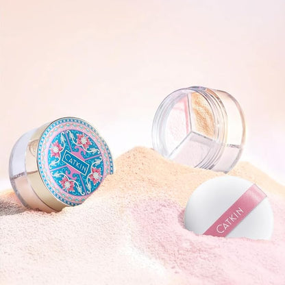 CATKIN Loose Setting Powder - Translucent Shimmer Finishing Powder, 3 Colors Even Skin Tone, Oil Control Makeup Pore Minimizing Powder with Velour Puff (0.42oz, C01 Shimmer for Oily Skin)