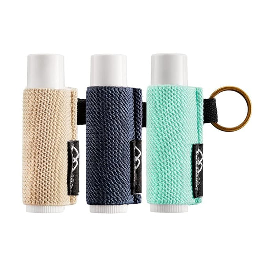 WK IEASON - Lip Balm Holder Keychain Clip On Lipstick Sleeve Chapstick Sleeve Holder Keychain Tight-Knit Elastic Lip Balm Keychain Holder (Dark blue/Alpine/Mid beige)