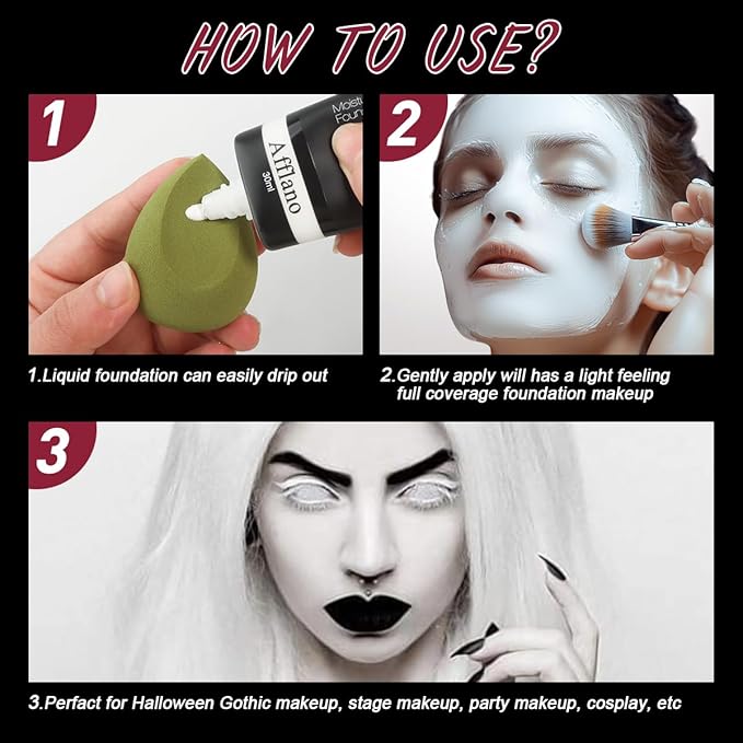 White Foundation Goth makeup,Full Coverage color changing foundation,liquid,creamy, waterproof, long-lasting makeup for Goth Clown Make up, Daily,Cosplay, Dramatic, Halloween Makeup