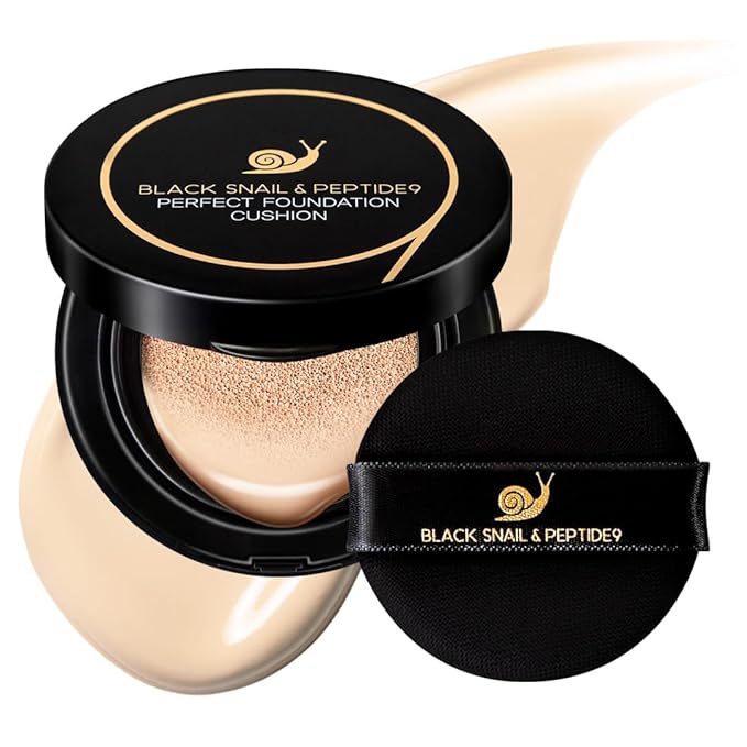 Farmstay Black Snail & Peptide 9 Perfect Cushion Foundation | Full Coverage, Lightweight, Skin-Fit, Smooth Radiant Finish, Korean Cushion Foundation (#21 Light Beige, 0.53 Fl Oz)