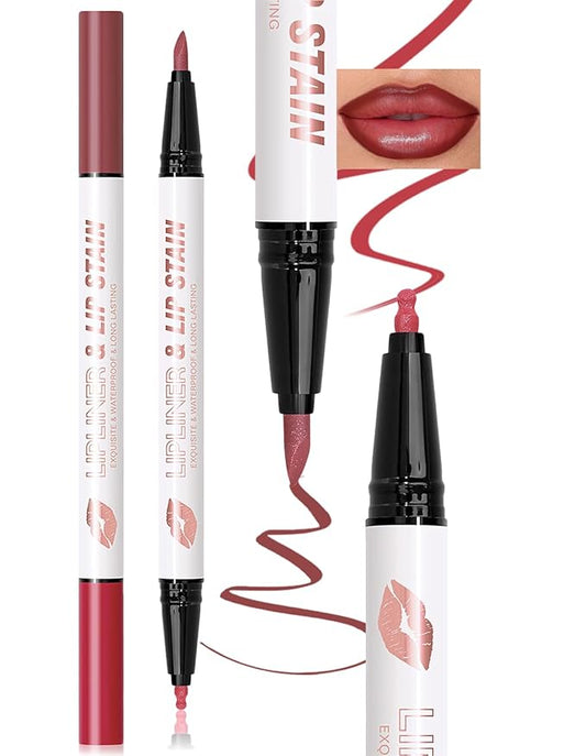 Double-headed Lip Liner Stain Long Lasting Waterproof 2 Colors Liquid Lip Liner Pencil Marker High Pigmented Smooth Application Precise Pen-Like & Chisel Tip Hydrating Lipstick for Women, 06