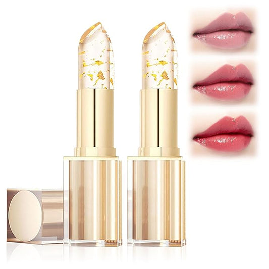 2Pcs Transferproof Color Changing Lipstick, Gold Crystal Color Changing Lipstick, Moisturizer Long Lasting Lip Balm for Women (Gold Crystal)