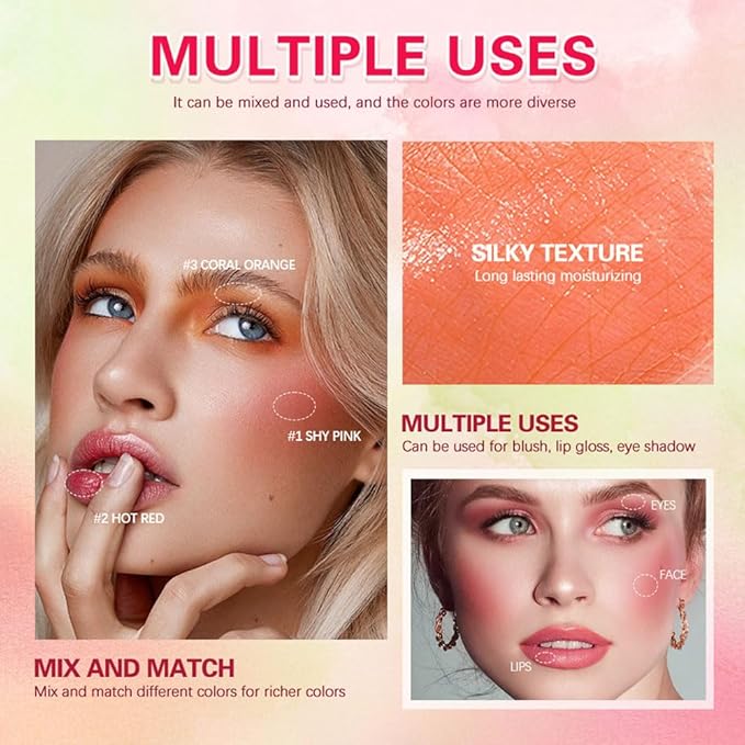 Blush Stick for Cheeks and Lips, On-the-Go Blush, Hydrating Solid Cheek Tint, Multi-use Blush Makeup Stick for Beautiful and Natural Shades, Tinted Moisture Stick Ued on Eyes Lips and Cheeks