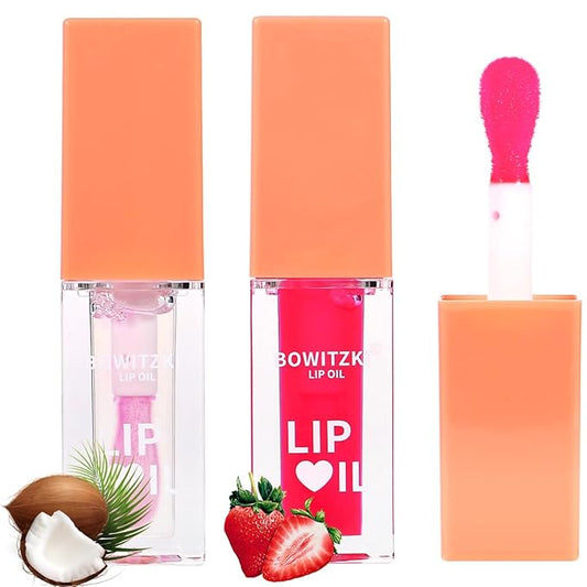Bowitzki 2 Pcs Hydrating Lip Oil, Lip Gloss Glow Transparent Toot Tinted Nourishing Long Lasting Repairing Lightening Lip Lines Balm Repairing Lightening Lip Lines (Coconut+Berry)