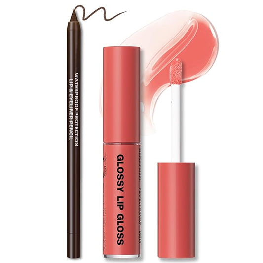 Nourishing Lip Gloss with Brown Lip Liner Set Lip Combo, Moisturizing High Shine Nude Pink Lip Glow Oil Fresh Lightweight Glossy Plumping Lip Glaze for Women Long Wear Liquid Lipstick Makeup#5
