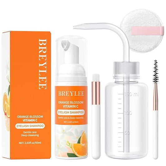 BREYLEE Eyelash Extension Cleanser, Lash Shampoo for Extensions, Lash Cleanser, Lash Bath, Lash Cleaner, Lash Cleaning Kit with Rinse Bottle+Brush+Pad for Professional & Self