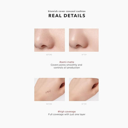 Hanskin Blemish Cover Conceal Cushion, Full Coverage Semi Matte Cushion Foundation Case SPF 50 +, Lightweight Flawless Corrects Redness [No. 21 Cream/Semi Matte / 0.38 oz x 2 Refills]