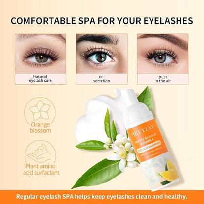 BREYLEE Eyelash Extension Cleanser, Lash Shampoo for Extensions, Lash Cleanser, Lash Bath, Lash Cleaner, Lash Cleaning Kit with Rinse Bottle+Brush+Pad for Professional & Self