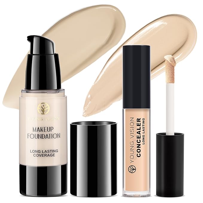 YOUNG VISION Full Coverage Liquid Foundation and Concealer Duo – Long-Wear, Lightweight, Non-Comedogenic, Hydrating, Oil-Free, Waterproof, Skin-Like Finish for All Skin Types