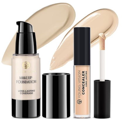 YOUNG VISION Full Coverage Liquid Foundation and Concealer Duo – Long-Wear, Lightweight, Non-Comedogenic, Hydrating, Oil-Free, Waterproof, Skin-Like Finish for All Skin Types