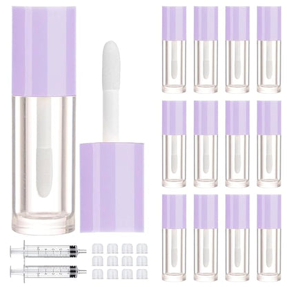 2.5ml 12 PCS Empty Lip Gloss Tubes with Wand Lip Gloss Containers Cute 0.08oz Clear Refillable Lipgloss Making Supplies Kit for DIY Makeup+ 2pcs Syringes (Purple)