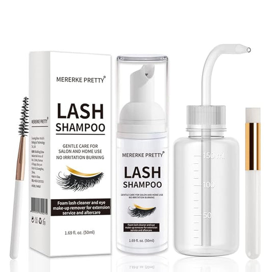 Eyelash Extension Cleanser 50 ml + Brushes + Rinse Bottle Eyelid Foaming Cleanser, Lash Foam Shampoo for Extensions and Natural Lashes, Makeup Remover For Salon and Home Use