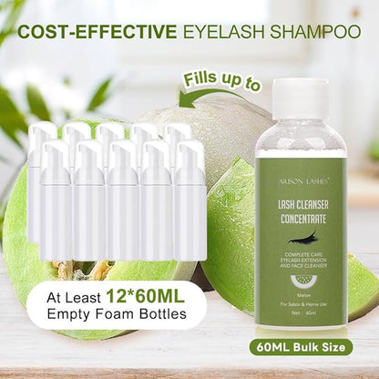 Eyelash Cleanser Concentrate 60ml Professional Lash Extensions Shampoo Natural Foaming Cleanser for Extensions Lashes with Salon Home Care-Makes 12 Bottles 60ml Eyelash Shampoo (melon)