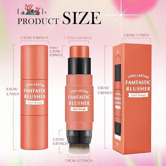 Cream Blush Stick for Cheeks - 2 in 1 Multi Makeup Blush with Brush for Cheeks Tint & Eyes & Lips, Waterproof Smooth Creme Texture, Long-lasting Wear All Day, #03 Coral Orange