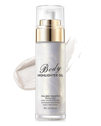 Body Shimmer Glow Oil, Waterproof Long Lasting Face Brighten Sliver Luminizer, Moisturizing Hydrating Body Liquid Illuminator Highlighter Women Makeup, Shiny Diamond Face Glitter for Festive Party#01