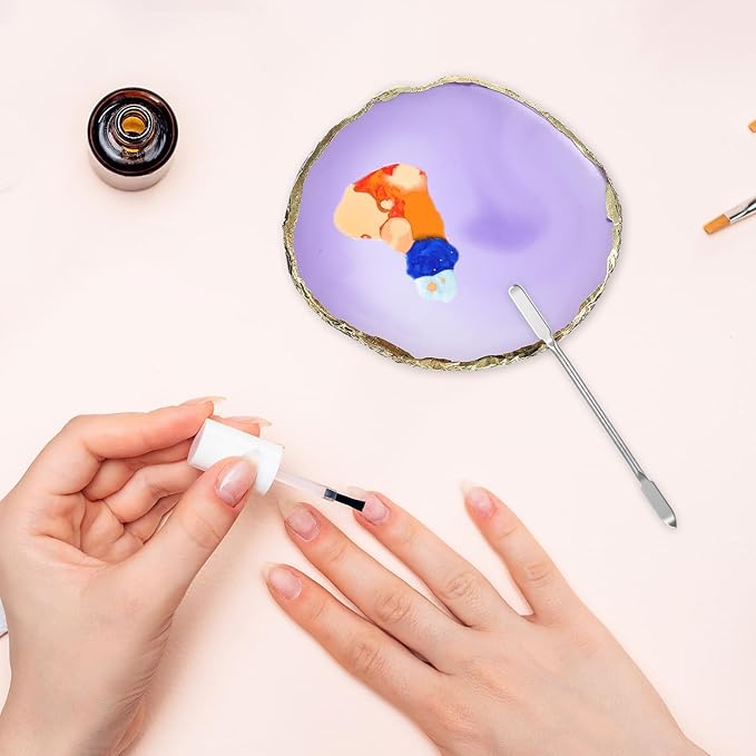 2 PCS Resin Nail Art Palette, Art Painting Gel Palette Gold Edge Color Makeup Display Board Gold Edge Nail Holder With1 Color Stick, Cosmetic Mixing Tools, Purple and Gray