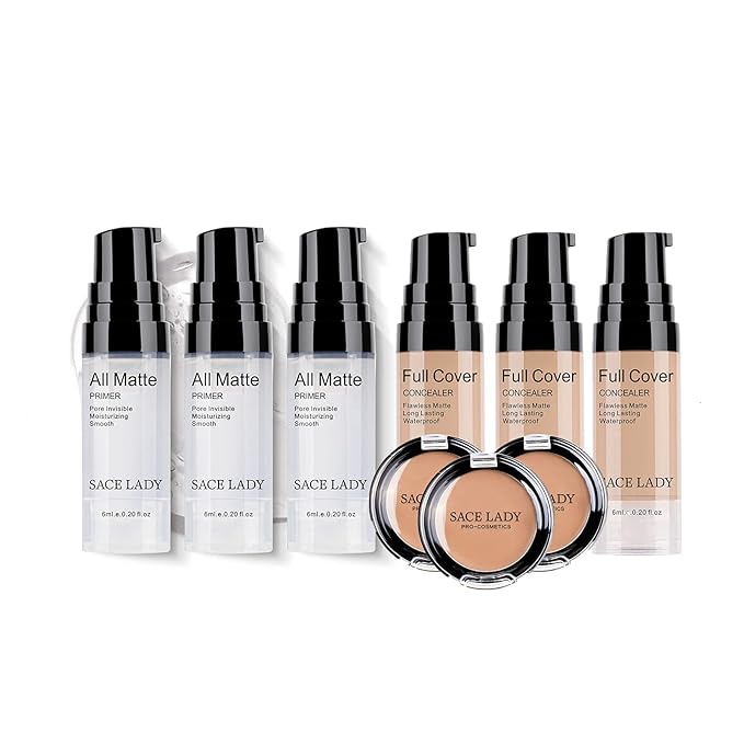 Smooth Face Primer 3pcs & Full Coverage Liquid Concealer 3pcs & Waterproof Cream Concealer Corrector 3pcs, Poreless Smooth Flawless Makeup for Blemishes, Dark Spots, Eye Circles, Imperfections