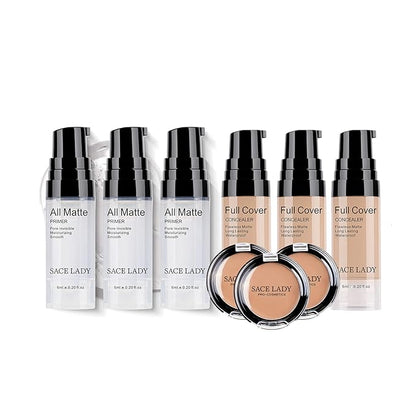 Smooth Face Primer 3pcs & Full Coverage Liquid Concealer 3pcs & Waterproof Cream Concealer Corrector 3pcs, Poreless Smooth Flawless Makeup for Blemishes, Dark Spots, Eye Circles, Imperfections