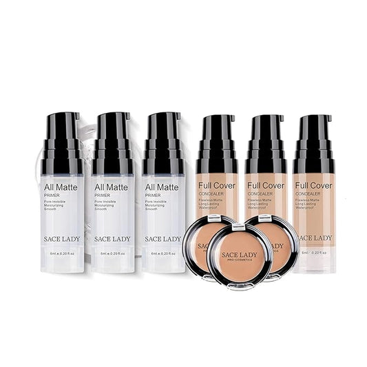 Smooth Face Primer 3pcs & Full Coverage Liquid Concealer 3pcs & Waterproof Cream Concealer Corrector 3pcs, Poreless Smooth Flawless Makeup for Blemishes, Dark Spots, Eye Circles, Imperfections