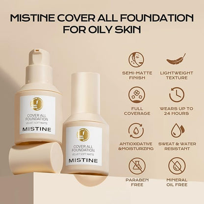 MISTINE Liquid Foundation Makeup Full Coverage for Oily Skin, 24 Hour Oil Control, Skin-Caring, Moisturizing Formula, Waterproof, Matte Finish, Satin, 1 Fl Oz