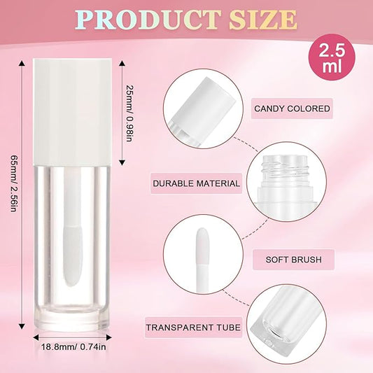 50pcs 2.5ml Empty Lip Gloss Containers Lip Gloss Tubes with Wand Cute 0.08oz Clear Refillable Lipgloss Making Supplies Kit for DIY Makeup + 2pcs Syringes (White)