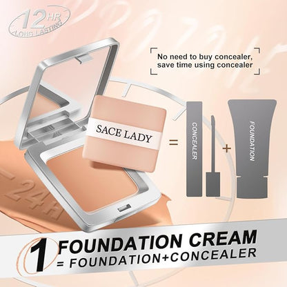 SACE LADY Ultra Cover Powder Foundation Makeup, Lasting Waterproof Full Coverage Foundation Cream With Mirror for Face Make Up 0.30Oz (Natural, 0.30Oz)