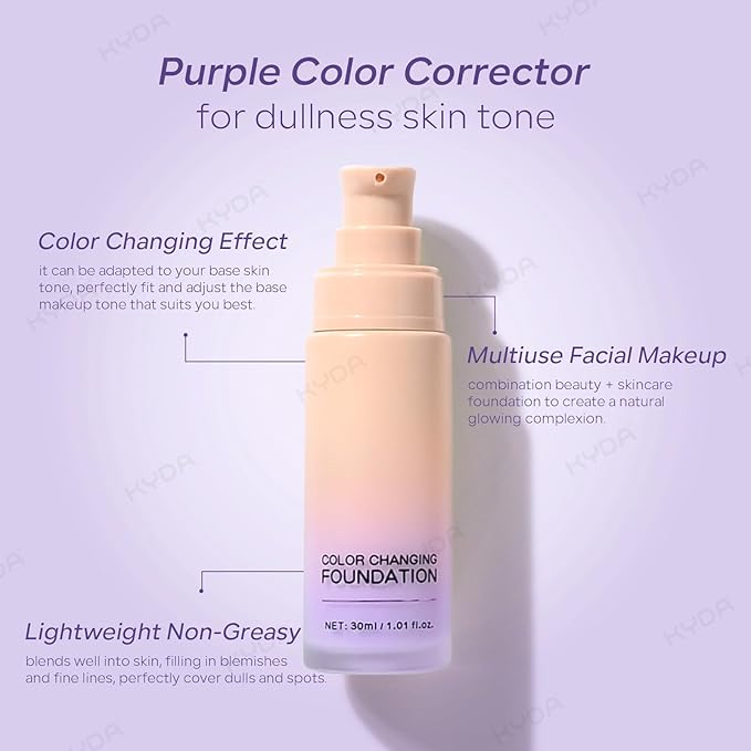KYDA Purple Color Changing Foundation, Color Correcting CC Cream with Centella, Improve Dull Skin Tone, Lightweight Non-Greasy, Hydrating, Sheer Coverage, Multiuse Face Concealer with Natural Finish