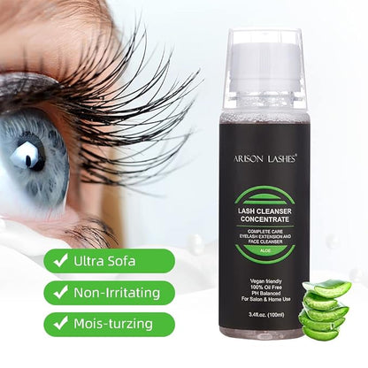 Eyelash Cleanser Concentrate 100ml Professional Lash Extensions Shampoo Natural Foaming Cleanser for Extensions Lashes with Salon Home Care-Makes 20 Bottles 60ml Eyelash Shampoo(Aloe)