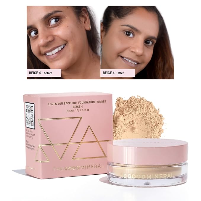 Loves-You-Back 3in1 Mineral Powder Foundation (BEIGE 4) | Designed for acne-prone, sensitive skin | Smooths skin and covers dark circles with Natural Coverage | Vegan + Cruelty Free