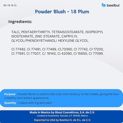 Bissú Blush 4g c/u, Intense Pigmentation, Soft Texture, Matte and Satin Finishes (18 Plum)