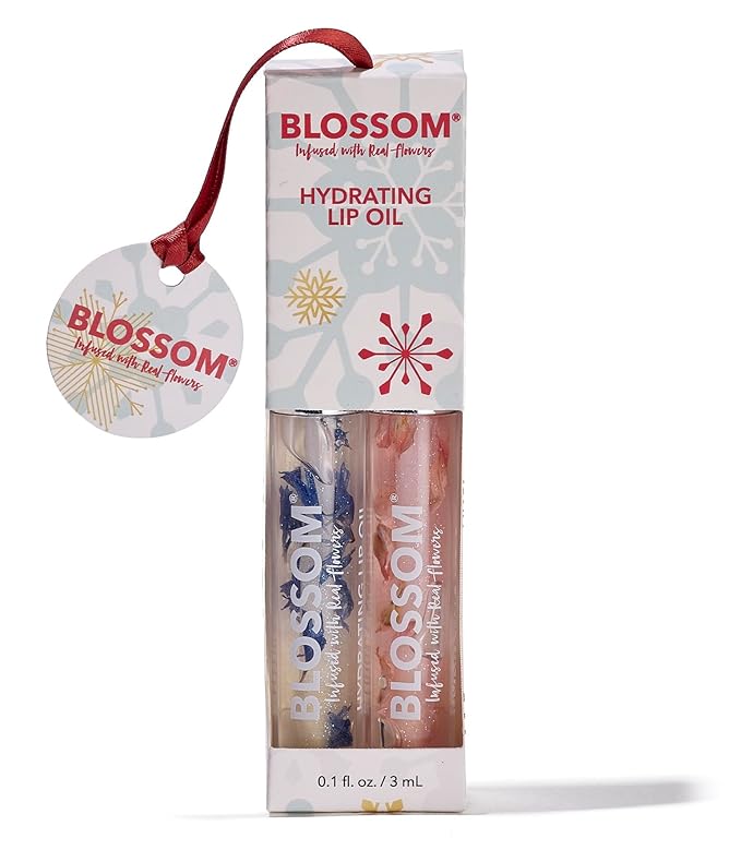 Blossom Lip Oil with Olive Oil + Grape Seed Oil, Moisturizing and Hydrating Shimmer Sparkle, Infused with Real Flowers, 6g, Holiday Stocking Stuffer, 2 pack, Coconut/Watermelon
