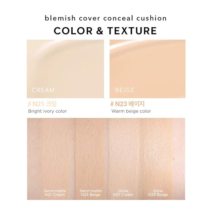 Hanskin Blemish Cover Conceal Cushion, Full Coverage Semi Matte Cushion Foundation Case SPF 50 +, Lightweight Flawless Corrects Redness [No. 21 Cream/Semi Matte / 0.38 oz x 2 Refills]