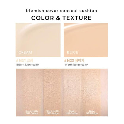 Hanskin Blemish Cover Conceal Cushion, Full Coverage Semi Matte Cushion Foundation Case SPF 50 +, Lightweight Flawless Corrects Redness [No. 21 Cream/Semi Matte / 0.38 oz x 2 Refills]