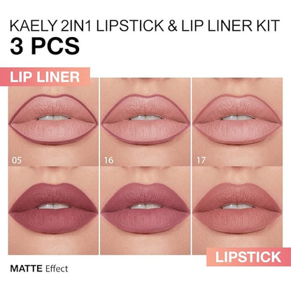 Kaely 3Pcs Gradient Matte Lipstick Lip Liner Pencil Set for Women, 2in1 Flawless Contour Gradual Ombre Effect Lip Pencil Makeup Waterproof, labiales mate 24 horas originales, 05+16+17