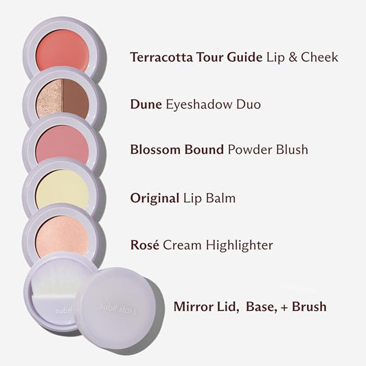 5-in-1 travel makeup kit by subtl beauty | eyeshadow duo, powder blush, cream highlighter, lip and cheek, lip balm | free travel mirror and brush | stackable makeup for travel