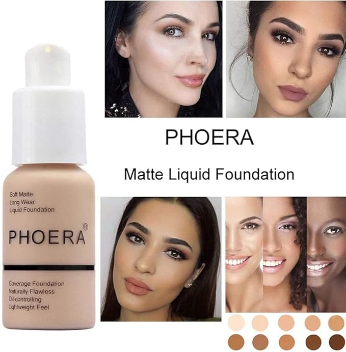 Phoera Foundation Full Coverage Makeup Set - 24hr Long Lasting Oil Control - Soft Smooth Matte Flawless Concealer Cream - Inc x2 30ml Foundation & Silicone Blender Sponge (106 Warm Sun)
