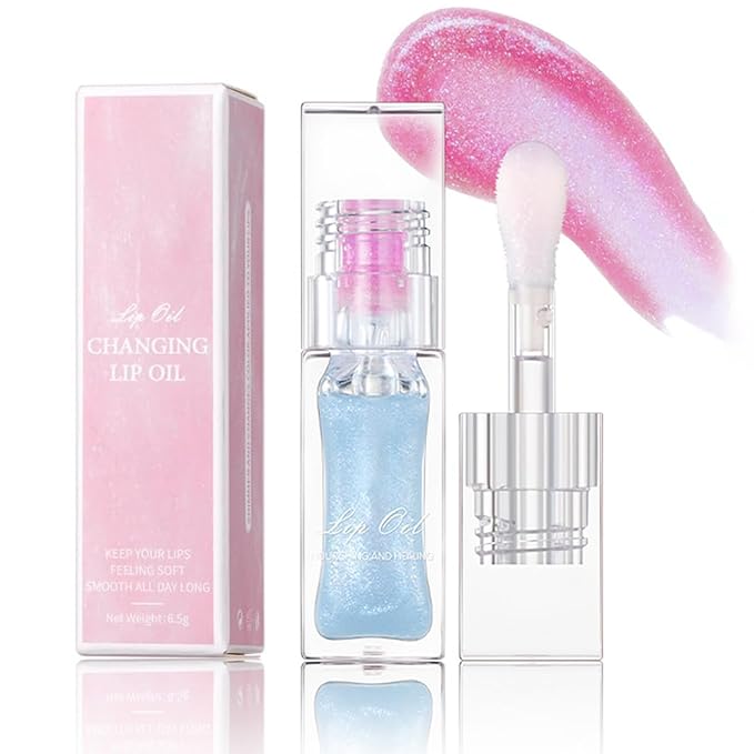 Magic Color Changing Lip Oil Ph, Glitter Lip Gloss, Upgraded Big Brush Head Moisturizing Lip Oil Long Lasting Nourishing Lip Glow Oil Non-Sticky Primer Lip Tint (# 02, 0.3 Oz)