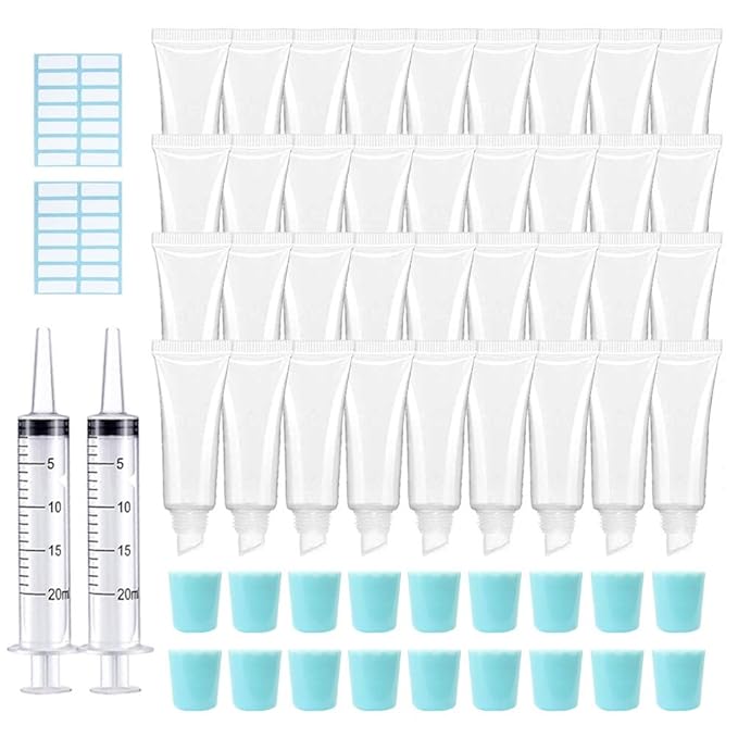 AMORIX 50PCS 10ml Lip Gloss Tubes Clear Empty Lip Balm Containers with Blue Cap Refillable Soft Cosmetic Squeeze Tubes for Lip Gloss Base Glitter Pigment Powder 2 Syringes + Tag Labels Stickers