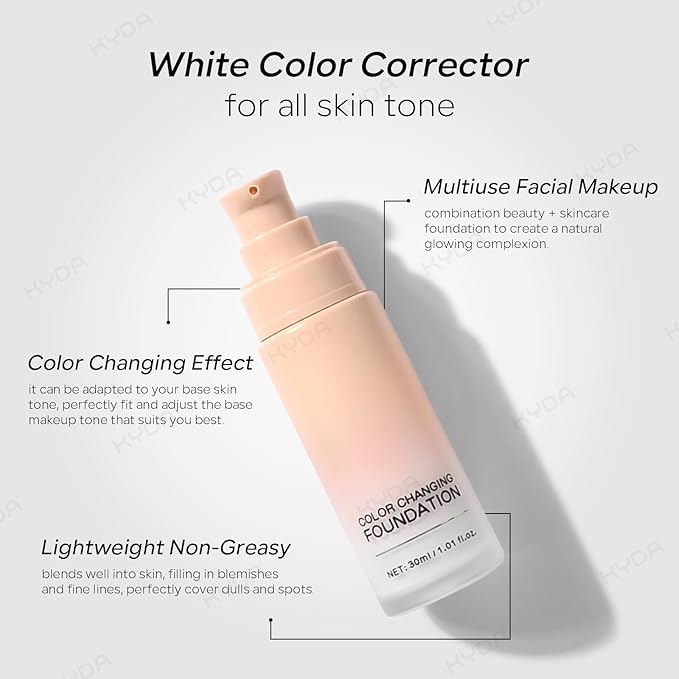 KYDA Color Changing Foundation, Color Correcting CC Cream with Centella, Skin Corrector Foundation for All Skin Tone, Multiuse Face Concealer, Lightweight Non-Greasy, Hydrating, Sheer Coverage