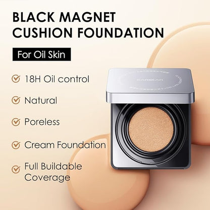 Black Magnet Cushion Foundation - Full Buildable Coverage, Moisturizing, Lightweight, 18H Long-Lasting Glow Looking, Refill Included, K02.Ivory White