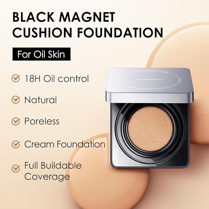 Black Magnet Cushion Foundation - Full Buildable Coverage, Moisturizing, Lightweight, 18H Long-Lasting Glow Looking, Refill Included, K01.Warm Fair