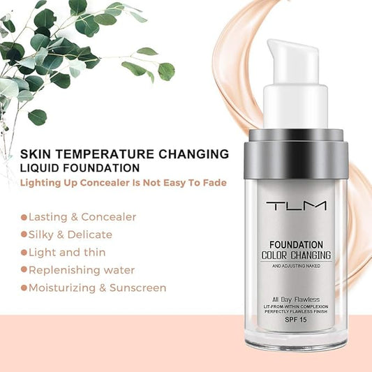 TLM Colour Changing Liquid Foundation Hides Wrinkles & Lines, BB Cream Makeup Base Concealer Cover Moisturizing Fluid for all Skin Tone SPF15, Pack of 1