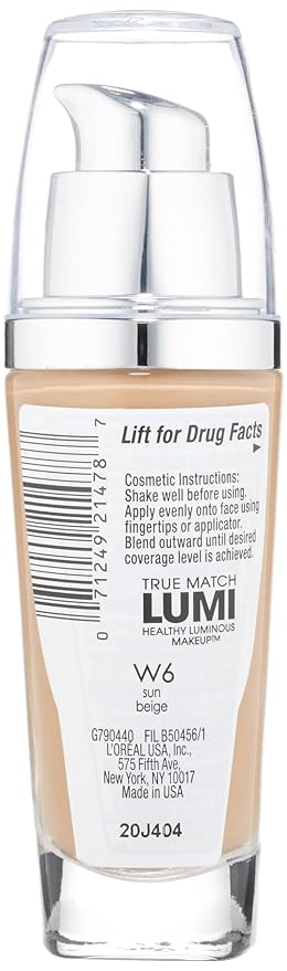 L'Oreal Paris True Match Lumi Healthy Luminous Makeup, W6 Sun Beige, 1 fl; oz.