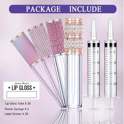 AMORIX 20 Pack Diamond Lip Gloss Tubes with Wand 5ml Empty Rhinestone Cute Lipgloss Bottles/Containers Crystal Lip Gloss Supplies Kit + 2pcs Syringes + Labels for DIY Lip Gloss Base