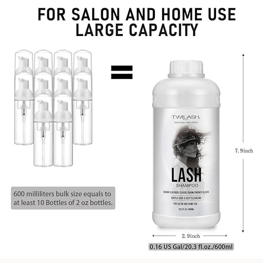 600ml Lash Shampoo Bulk, Eyelash Extensions Cleanser for Extensions, Safe Makeup Remover, Non-irritating or Burning Formula Eyelid Foaming Cleanser for Professional Salon and Home Use (Classic Charm)