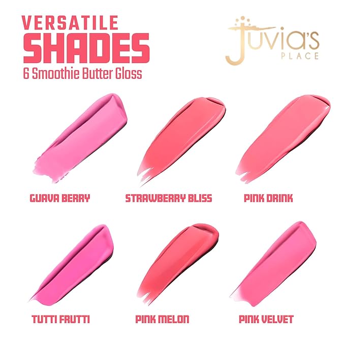 Juvia's Place Smoothie Lip Gloss Pink Drink - Hydrating Cream Lipgloss with Pink & Mauve Tones - Non Sticky Plumping Glosses - High Shine Lipgloss for Women - Lip Plumper with Cocoa Butter & Chia Oil