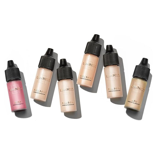 Luminess Silk 4-in-1 Airbrush Foundation Makeup Starter Kit - Fair Coverage, 6-piece - Includes 2x Silk Airbrush Foundation, Blush, Glow Highlighter, Moisturizer Primer & Airbrush Cleaning Solution